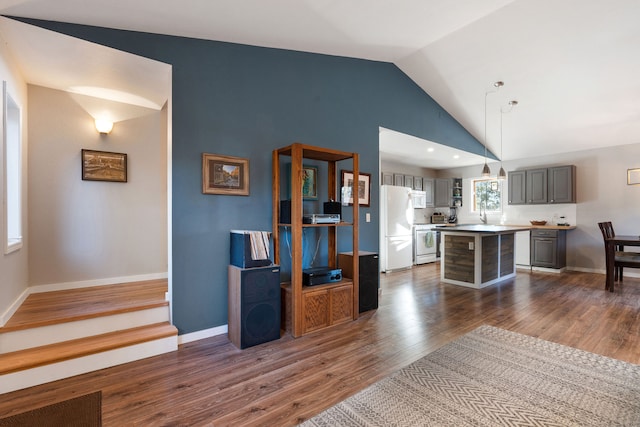 living room with dark hardwood / wood-style flooring and vaulted ceiling