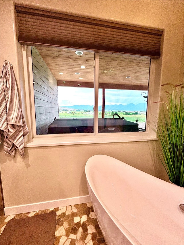 bathroom featuring a mountain view and a bathing tub