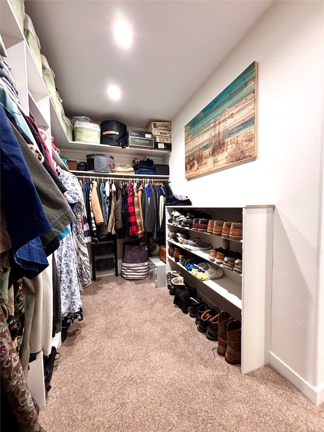 walk in closet with light carpet