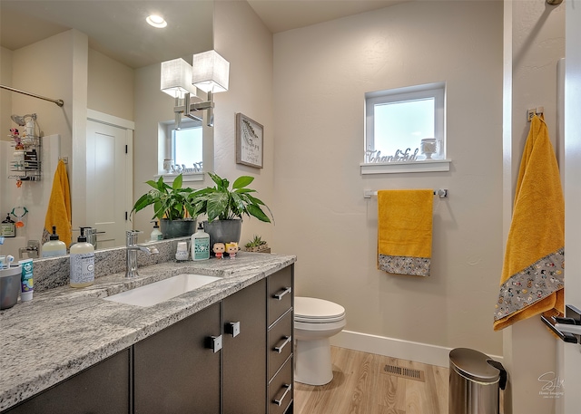 bathroom featuring toilet, vanity, and hardwood / wood-style floors