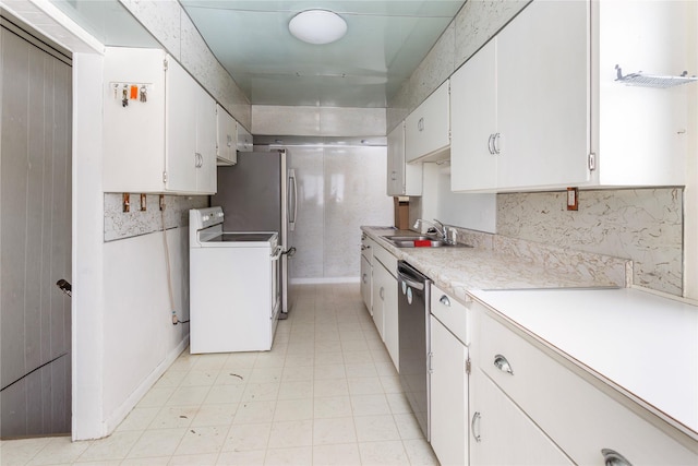 kitchen with light countertops, electric range, stainless steel dishwasher, white cabinetry, and a sink