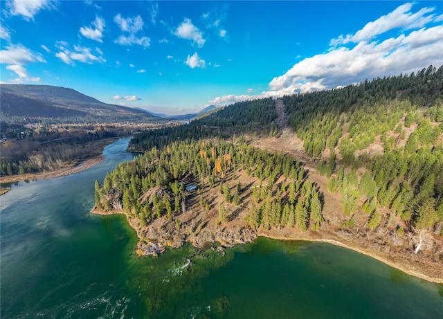 drone / aerial view with a water and mountain view