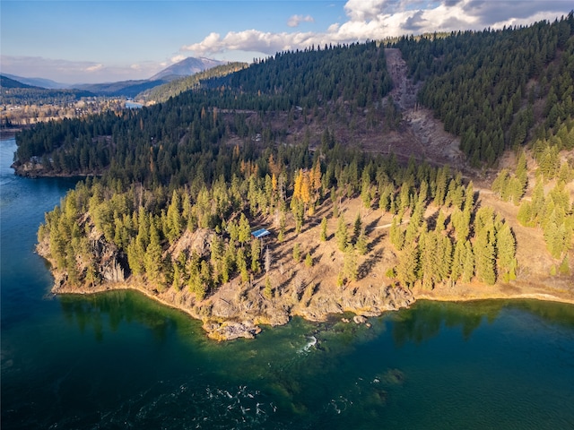 bird's eye view featuring a water and mountain view