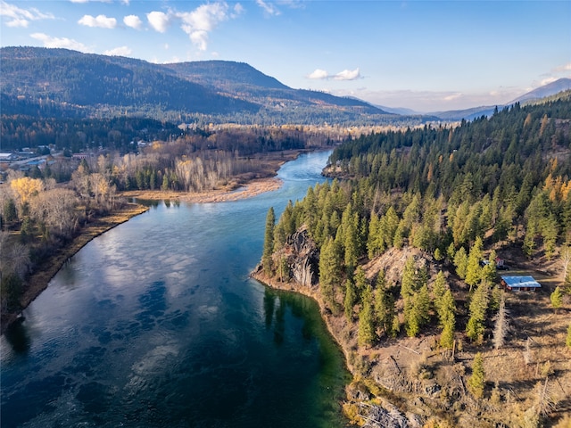 bird's eye view with a water and mountain view