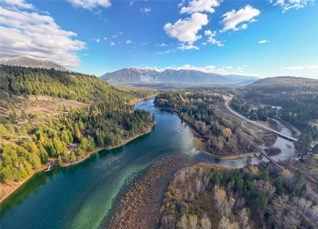 birds eye view of property with a water and mountain view