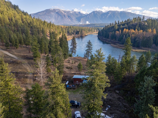 bird's eye view featuring a water and mountain view