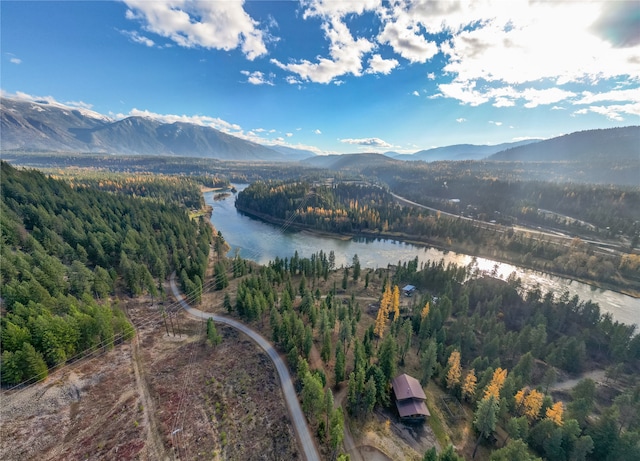 aerial view featuring a water and mountain view