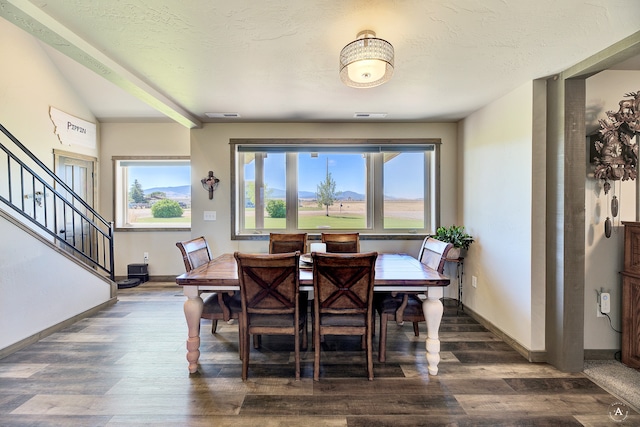 dining space with dark hardwood / wood-style floors, plenty of natural light, and lofted ceiling with beams