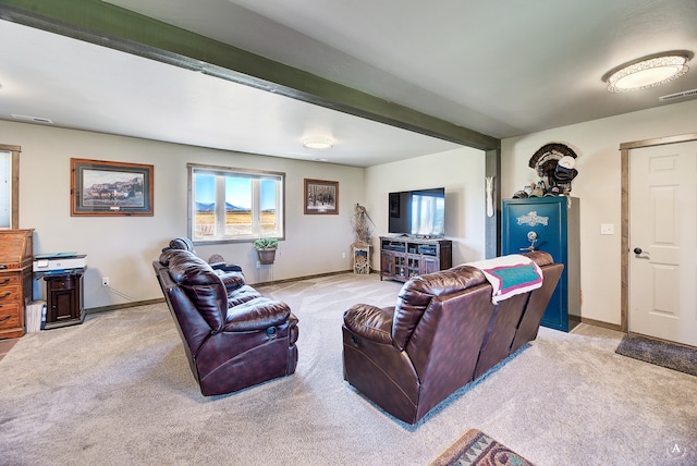 living room featuring light carpet and beam ceiling