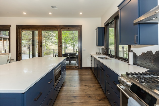 3868 Gelande St Unit 4, Whitefish, MT 59937 - kitchen with visible vents, wall chimney range hood, stainless steel appliances, a sink, and blue cabinets