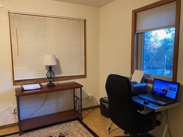 home office with light parquet floors