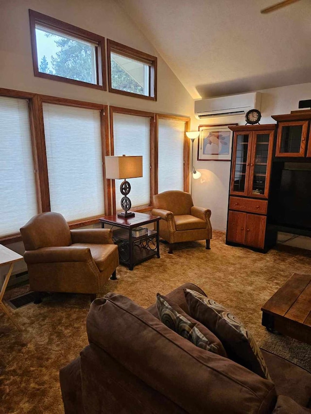 living room featuring an AC wall unit, high vaulted ceiling, and carpet floors