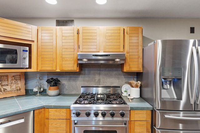 16485 Folsom Rd, Florence, MT 59833 - kitchen with appliances with stainless steel finishes, under cabinet range hood, backsplash, and tile countertops