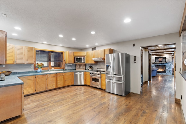 16485 Folsom Rd, Florence, MT 59833 - kitchen featuring stainless steel appliances, a sink, light wood-style flooring, recessed lighting, and a fireplace