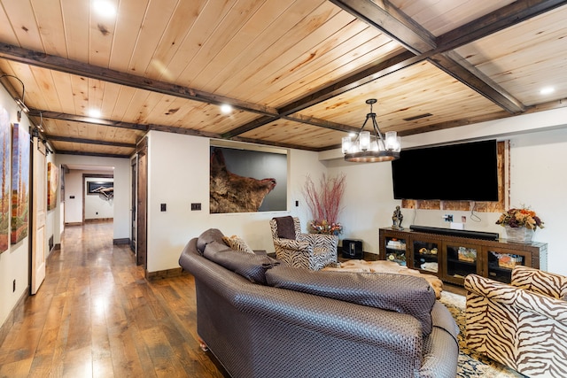 16485 Folsom Rd, Florence, MT 59833 - living area featuring hardwood / wood-style floors, wood ceiling, beam ceiling, baseboards, and a chandelier