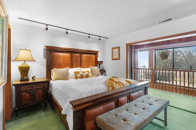 bedroom with dark colored carpet and rail lighting