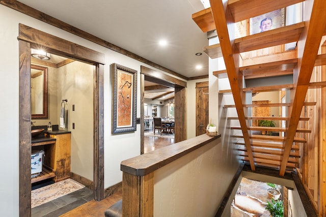 16485 Folsom Rd, Florence, MT 59833 - bar area with baseboards, stairs, and recessed lighting
