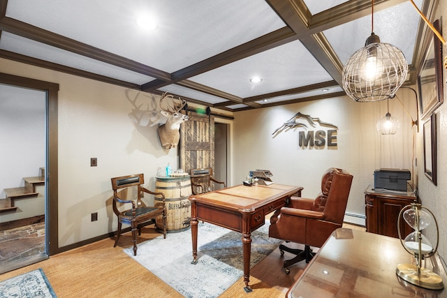 16485 Folsom Rd, Florence, MT 59833 - office space with a barn door, coffered ceiling, beamed ceiling, baseboard heating, and recessed lighting