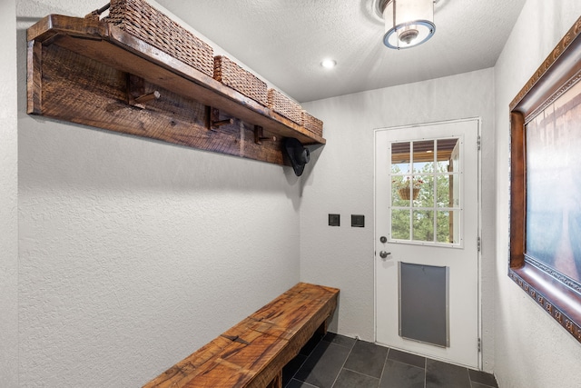 16485 Folsom Rd, Florence, MT 59833 - mudroom with a textured wall, dark tile patterned floors, and a textured ceiling