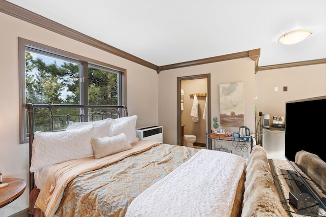 16485 Folsom Rd, Florence, MT 59833 - bedroom featuring crown molding, radiator, and connected bathroom