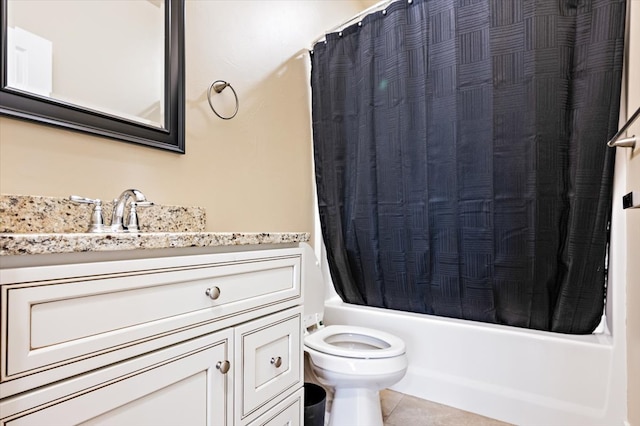 full bathroom with shower / bathtub combination with curtain, vanity, toilet, and tile patterned flooring