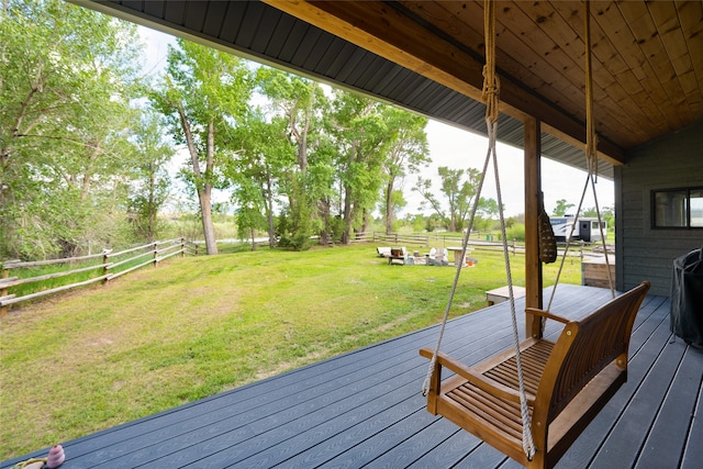 wooden deck featuring a lawn