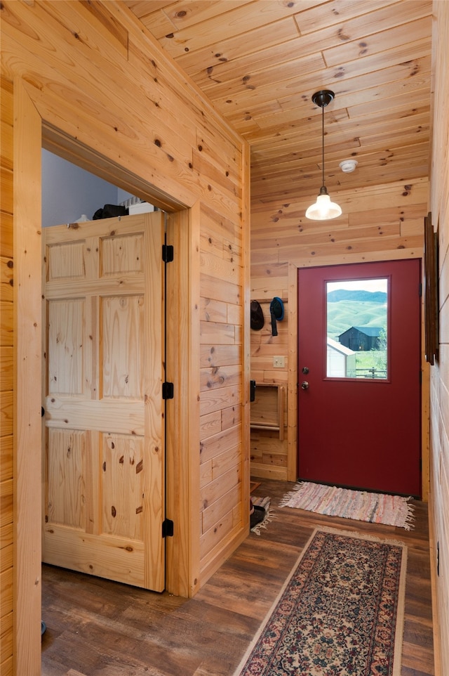 foyer entrance with wood walls, vaulted ceiling, wooden ceiling, and dark hardwood / wood-style floors