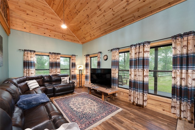 living room with hardwood / wood-style flooring, wood ceiling, and high vaulted ceiling