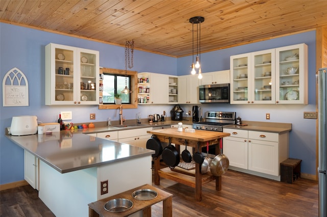 kitchen with stainless steel appliances, white cabinets, hanging light fixtures, sink, and dark hardwood / wood-style floors