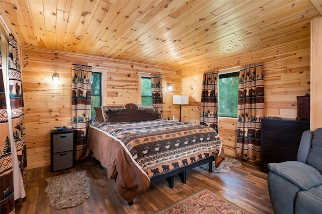 bedroom with hardwood / wood-style flooring, wooden walls, and wood ceiling