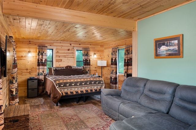 bedroom featuring wood walls, dark wood-type flooring, beam ceiling, and wood ceiling