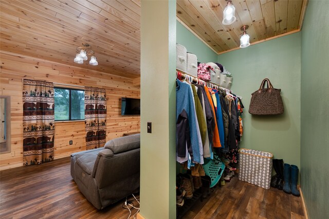 spacious closet featuring dark hardwood / wood-style flooring and lofted ceiling