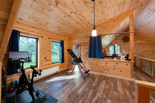 workout room featuring wood walls, hardwood / wood-style flooring, and wooden ceiling