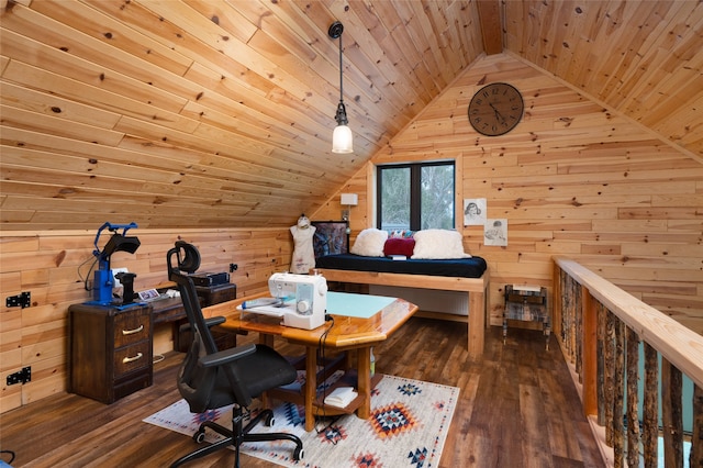 home office featuring dark wood-type flooring, wooden ceiling, wood walls, and lofted ceiling