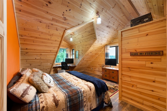 bedroom featuring wooden walls, wood-type flooring, vaulted ceiling, and wood ceiling