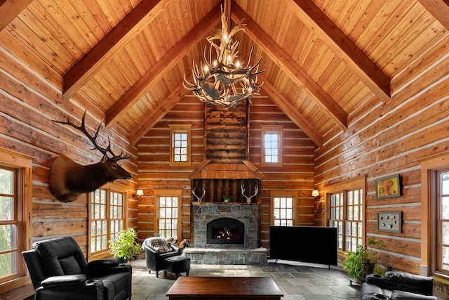 unfurnished living room with rustic walls, high vaulted ceiling, and wooden ceiling