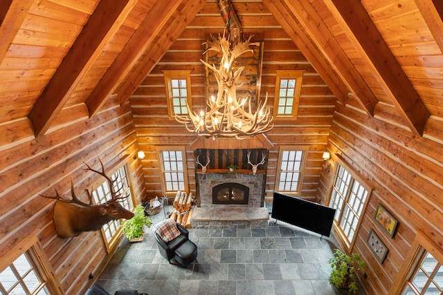 unfurnished living room featuring a fireplace, high vaulted ceiling, rustic walls, and wood ceiling