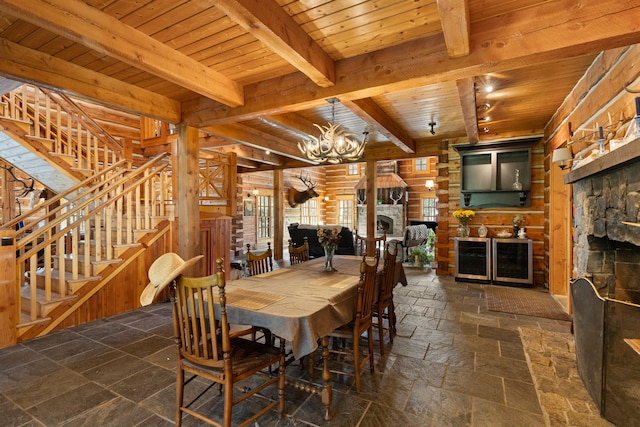 dining room featuring a fireplace, wooden ceiling, wood walls, and beamed ceiling