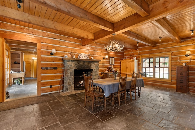 dining area featuring beam ceiling, a fireplace, log walls, and wooden ceiling