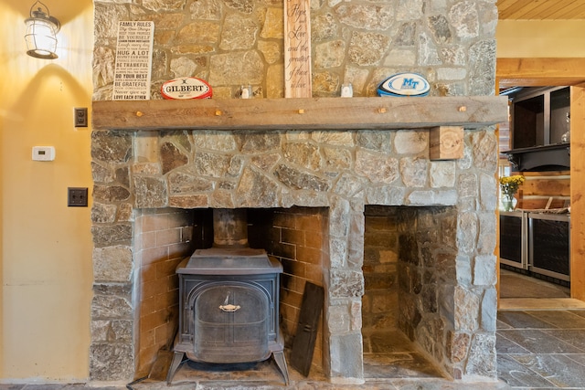 interior details featuring a wood stove