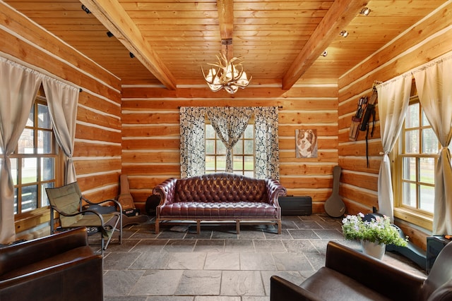 living area featuring rustic walls, beamed ceiling, and wood ceiling