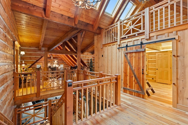 hall with wood-type flooring, wooden walls, wood ceiling, and vaulted ceiling with skylight