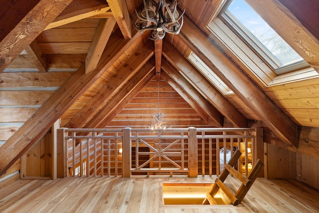 bonus room featuring wood ceiling, lofted ceiling with beams, wood-type flooring, and wood walls