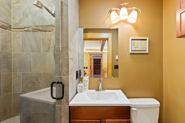 bathroom with vanity, toilet, and a shower with door