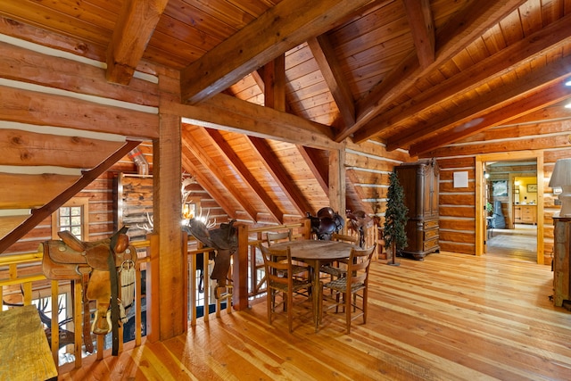 unfurnished dining area featuring light wood-type flooring, wood ceiling, log walls, vaulted ceiling with beams, and wood walls