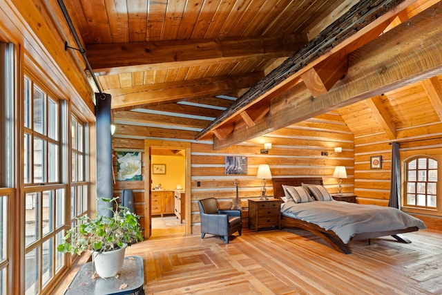 bedroom with lofted ceiling with beams, wood ceiling, and log walls