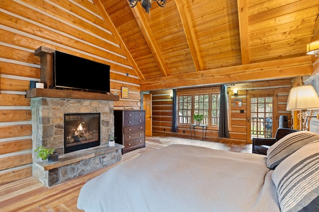 bedroom featuring a fireplace, wood-type flooring, high vaulted ceiling, and wooden ceiling