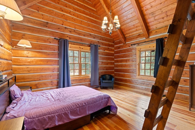 bedroom with beam ceiling, high vaulted ceiling, an inviting chandelier, light hardwood / wood-style flooring, and wooden ceiling