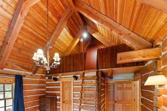 interior details with beamed ceiling, wood ceiling, and a notable chandelier