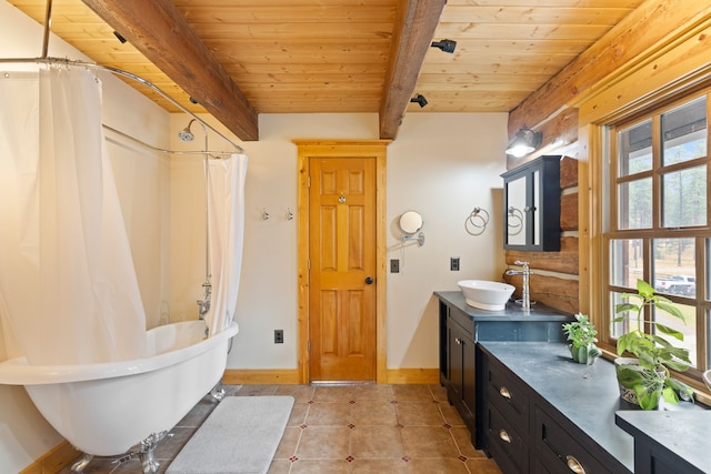 bathroom with vanity, shower / bath combo with shower curtain, beamed ceiling, and wood ceiling